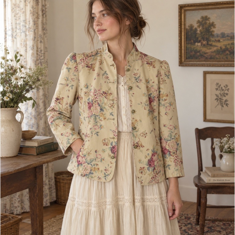 Chaps Vintage Floral Jacket XL Tan Cotton Band Collar Romantic Western Prairie